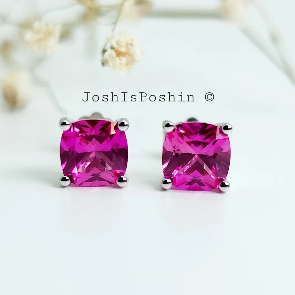 1.6CT. T.W. Cushion cut hot pink sapphire stud earrings in sterling silver